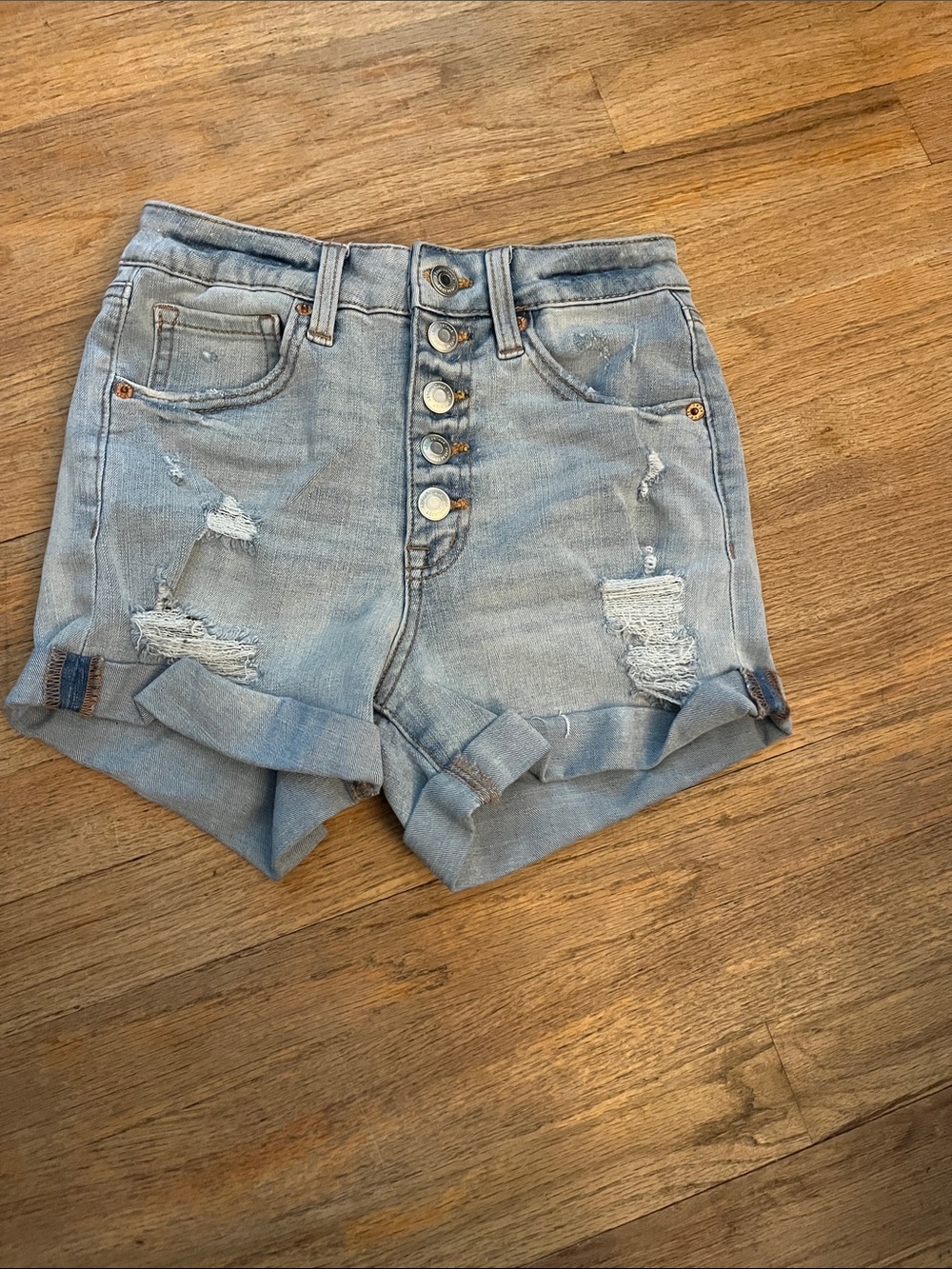 Button-Front Distressed High-Rise Denim Shorts - Light Blue